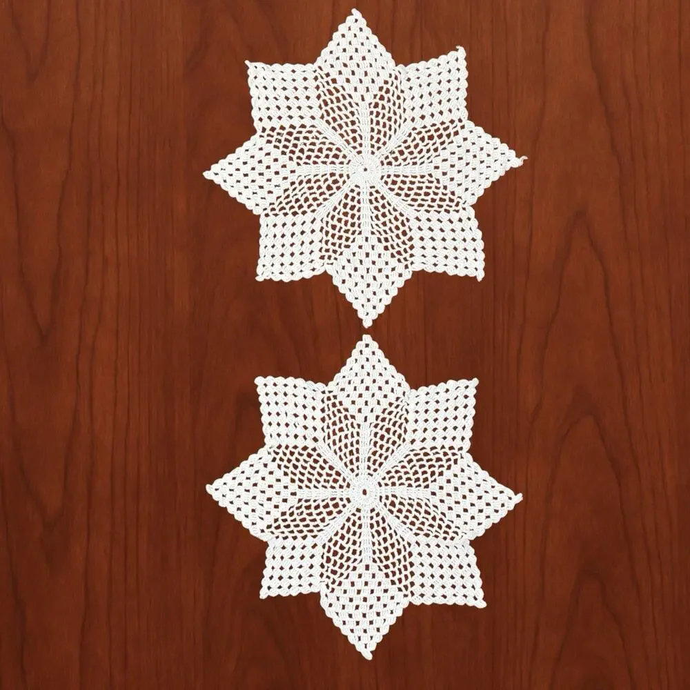 Vintage Hand Crocheted Doilies Set 2 White Table Topper Openwork Star Snowflake